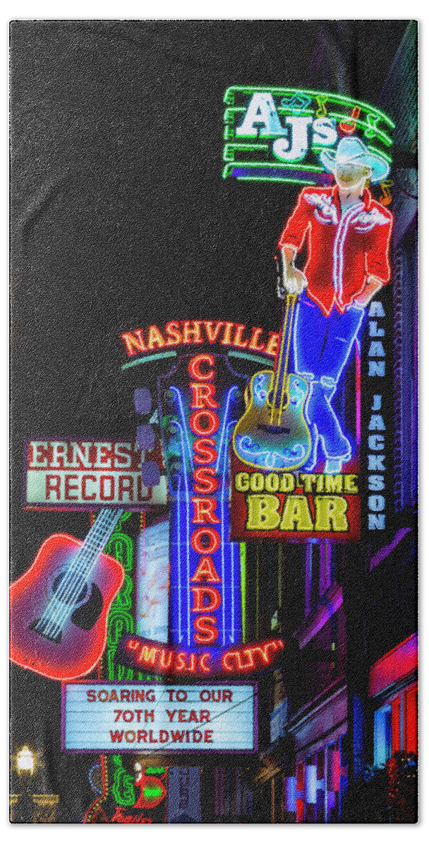 Nashville Hand Towel featuring the photograph Nashville Neon Broadway by Stephen Stookey