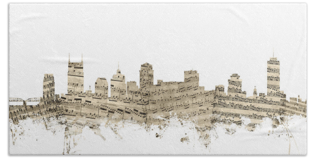 Nashville Hand Towel featuring the digital art Nashville Tennessee Skyline Sheet Music by Michael Tompsett
