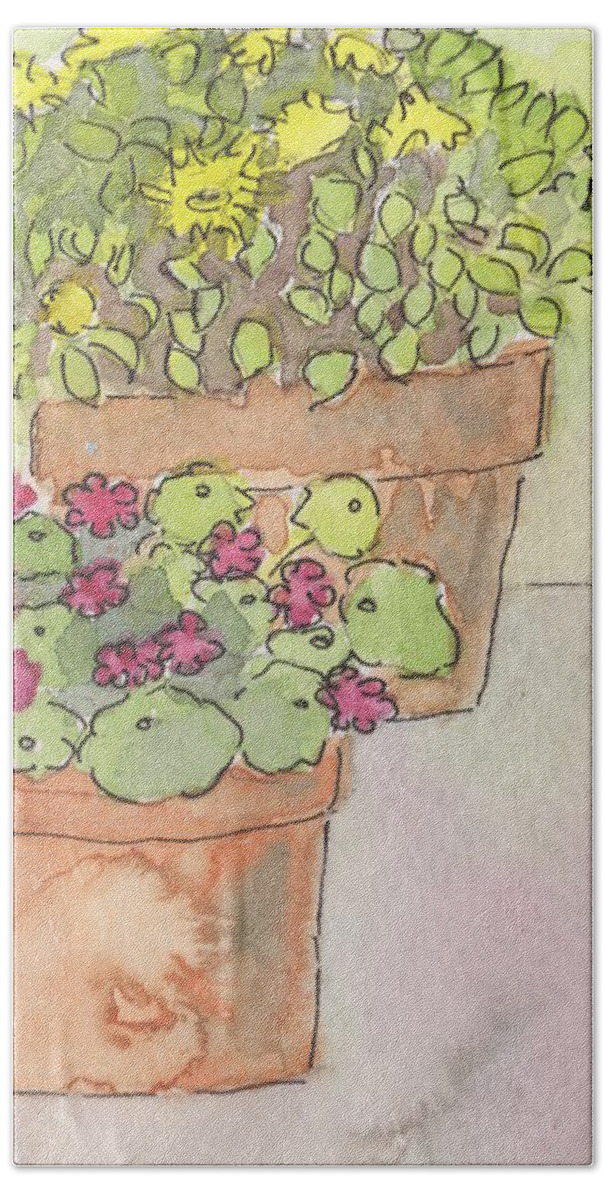 Watercolor Hand Towel featuring the painting Nasturtiums and Friends by Marcy Brennan