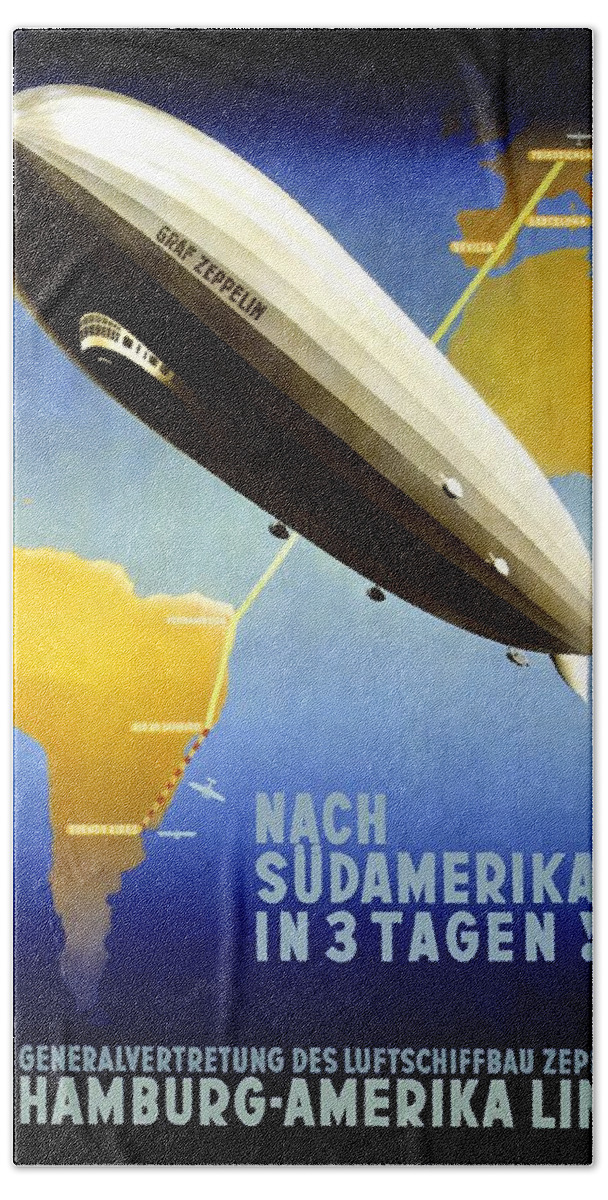 Hamburg Hand Towel featuring the mixed media Airship to South America - Hamburg - America Line - Retro travel Poster - Vintage Poster by Studio Grafiikka