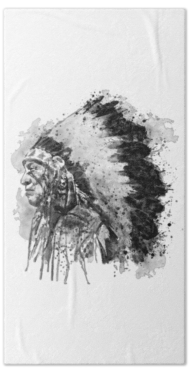 Native American Bath Towel featuring the painting Black and White Watercolor Portrait-Native American Chief Profile by Marian Voicu