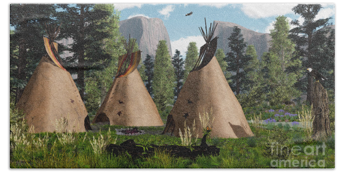 Tepees Bath Towel featuring the photograph Native American Mountain Tepees by Walter Colvin