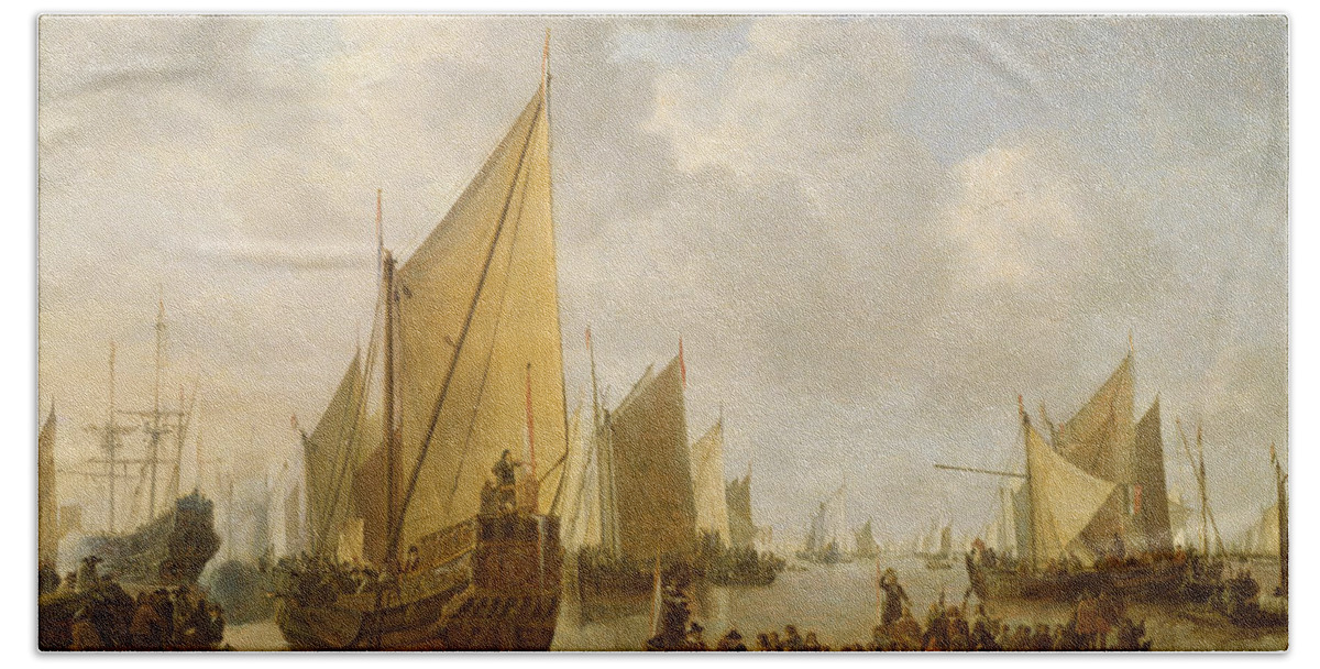Naval Hand Towel featuring the painting Naval Review by Simon Jacobsz Vlieger