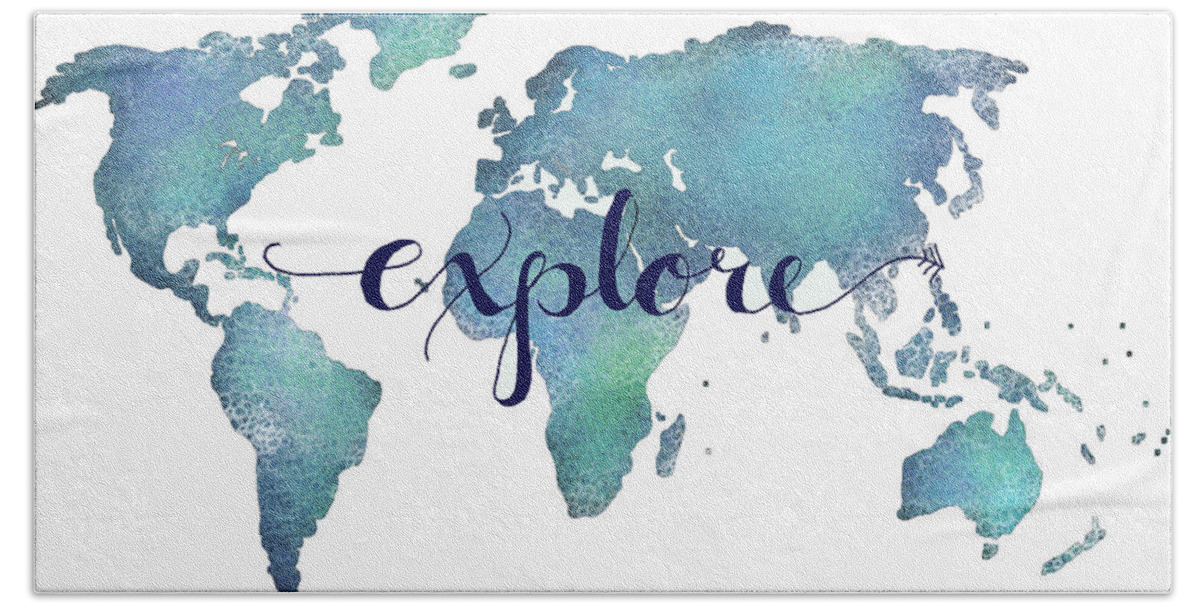 Explore Hand Towel featuring the digital art Navy and Teal Explore World Map by Michelle Eshleman