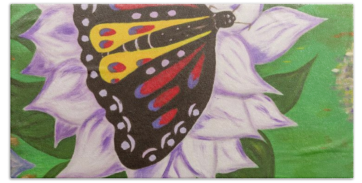 Nature Hand Towel featuring the painting Nectar of Life - Butterfly by Neslihan Ergul Colley
