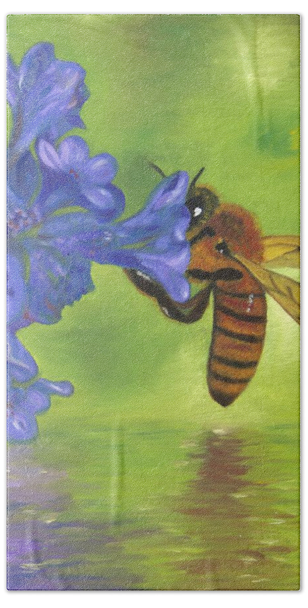 Bee Bath Towel featuring the painting Nectar of Life - Honeybee by Neslihan Ergul Colley