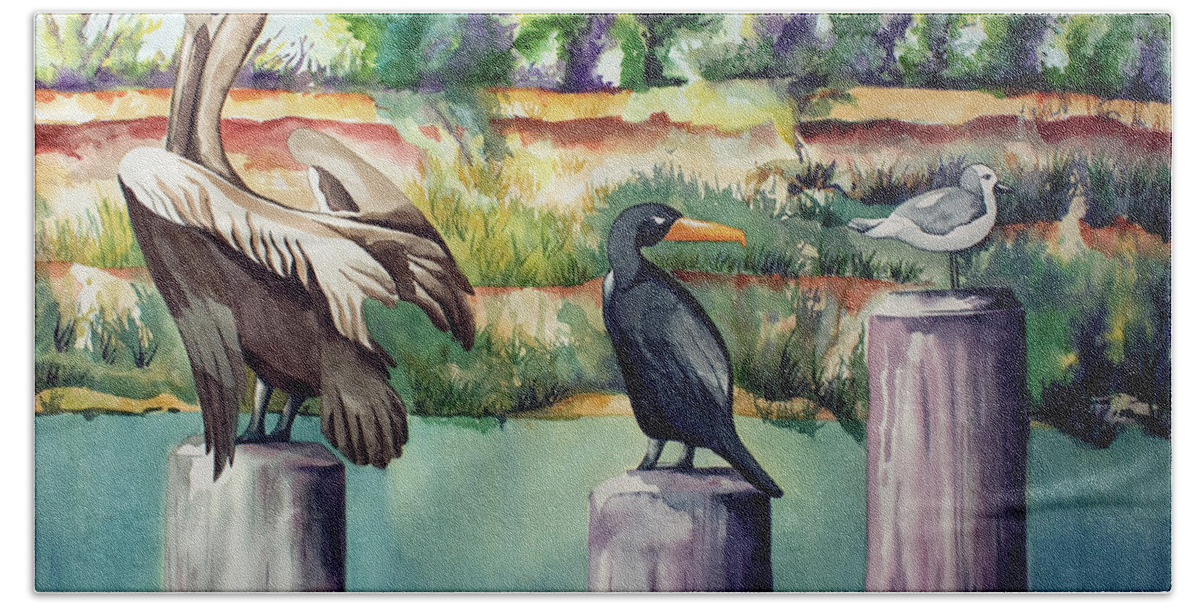Birds Painting Bath Towel featuring the painting Neighborhood Gossip by Kandyce Waltensperger