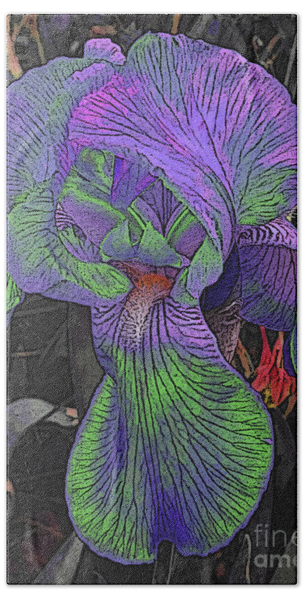 Flower Bath Towel featuring the digital art Neon Iris Dark Background by Conni Schaftenaar
