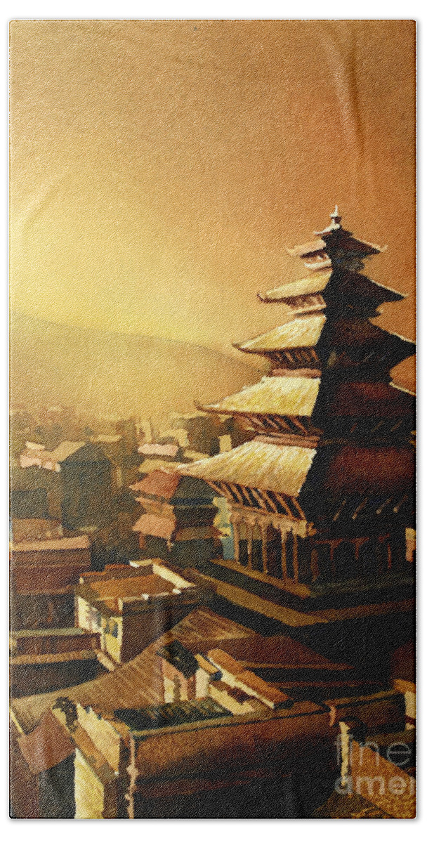 Temple Bath Towel featuring the painting Nepal Temple by Ryan Fox