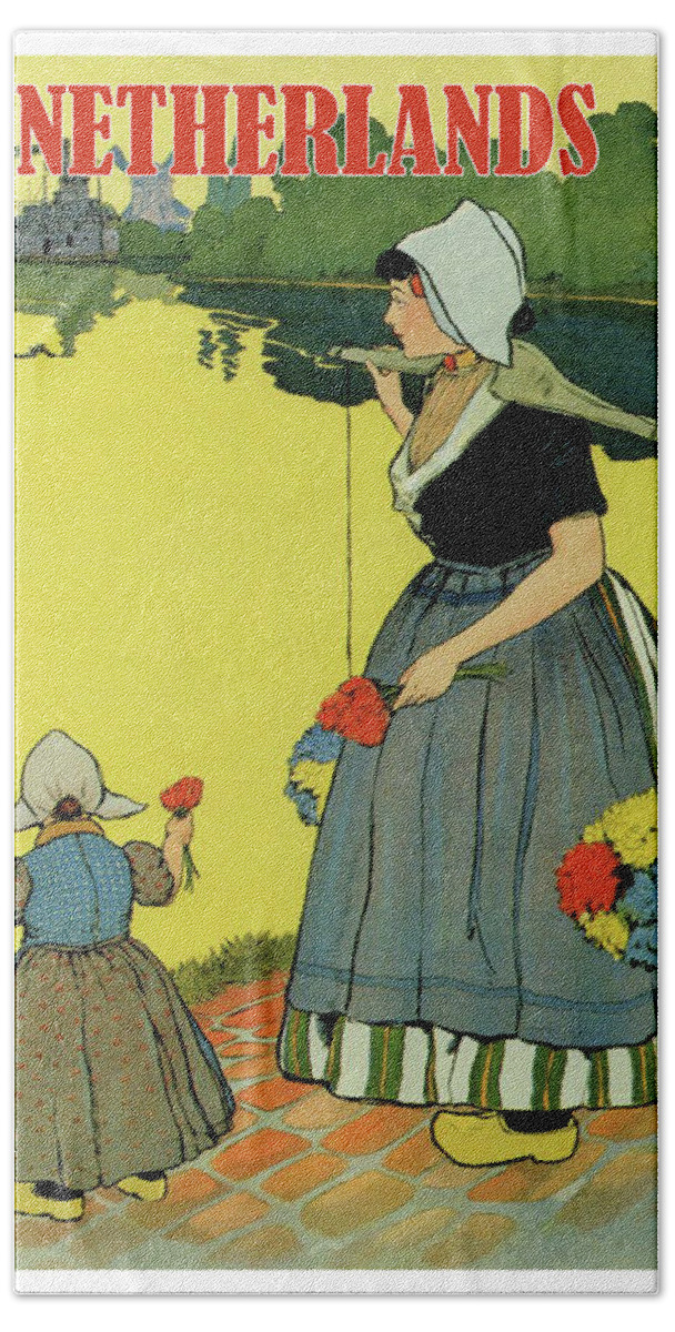 Netherlands Hand Towel featuring the painting Netherlands, woman in traditional costume with her daughter by the coast by Long Shot