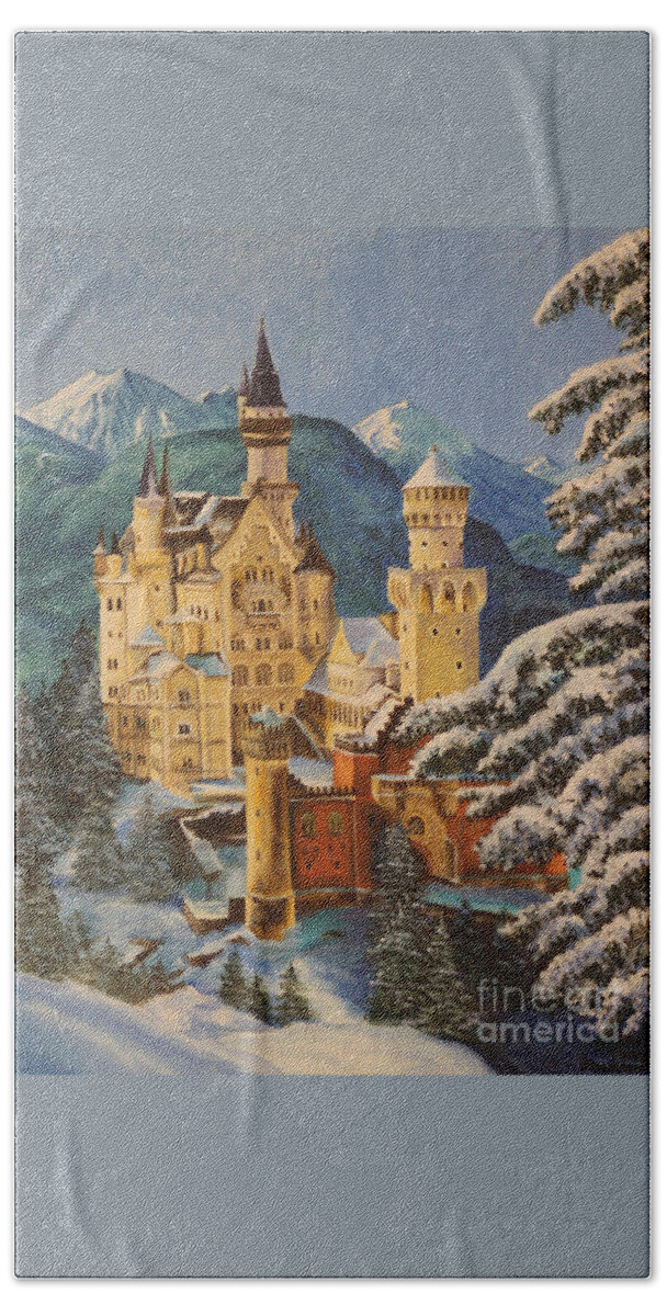 Germany Art Bath Towel featuring the painting Neuschwanstein Castle in Winter by Charlotte Blanchard