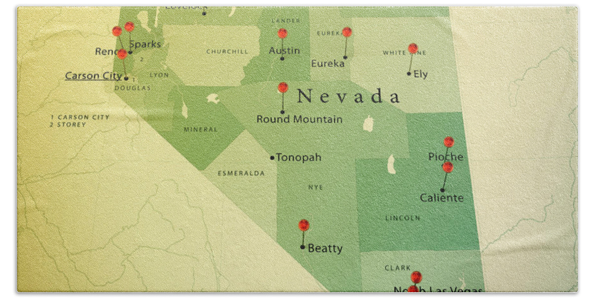 Cartography Hand Towel featuring the digital art Nevada Map Square Cities Straight Pin Vintage by Frank Ramspott