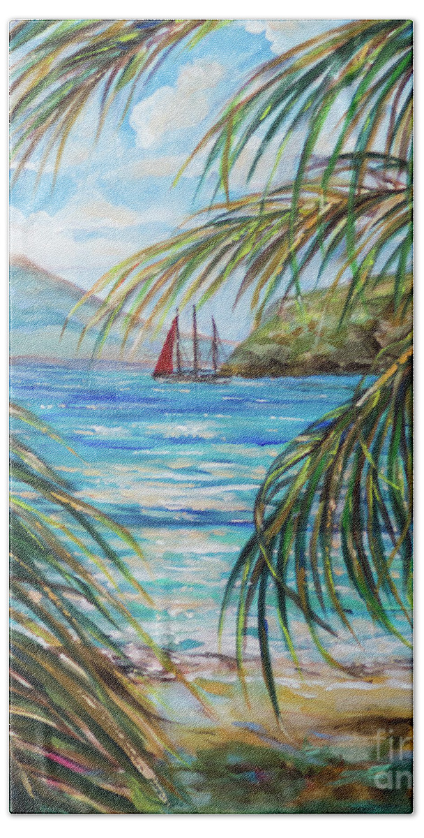 #tropical Hand Towel featuring the painting Nevis in the Distance by Linda Olsen