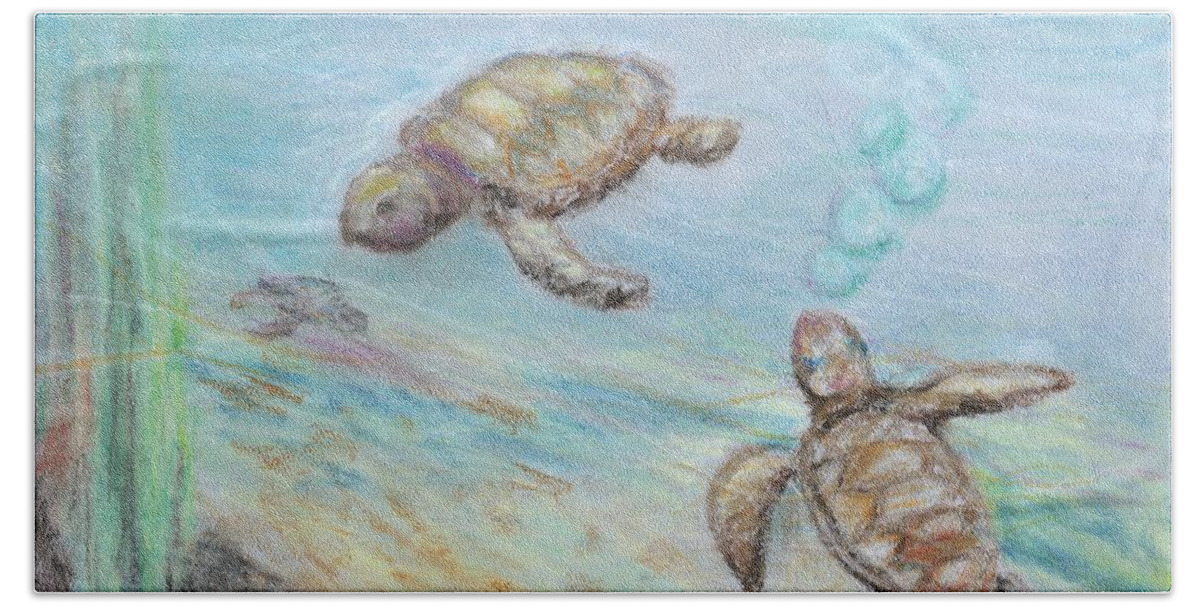 Turtles Bath Towel featuring the pastel New Beginnings by Bev Veals