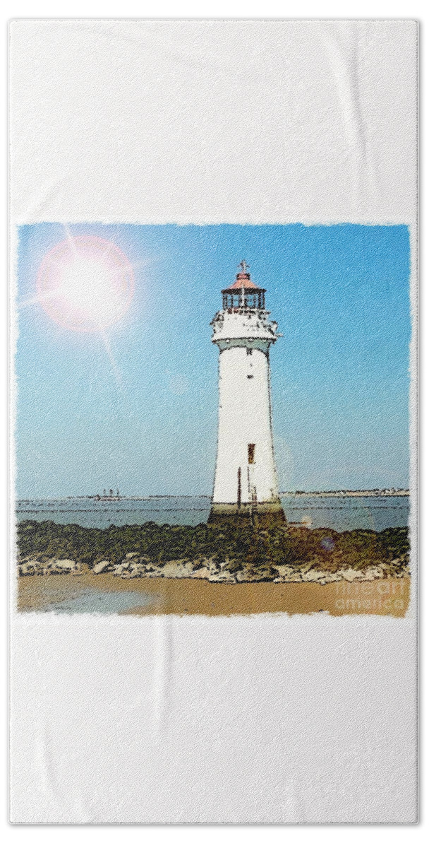 New Brighton Hand Towel featuring the mixed media New Brighton Lighthouse by Joan-Violet Stretch