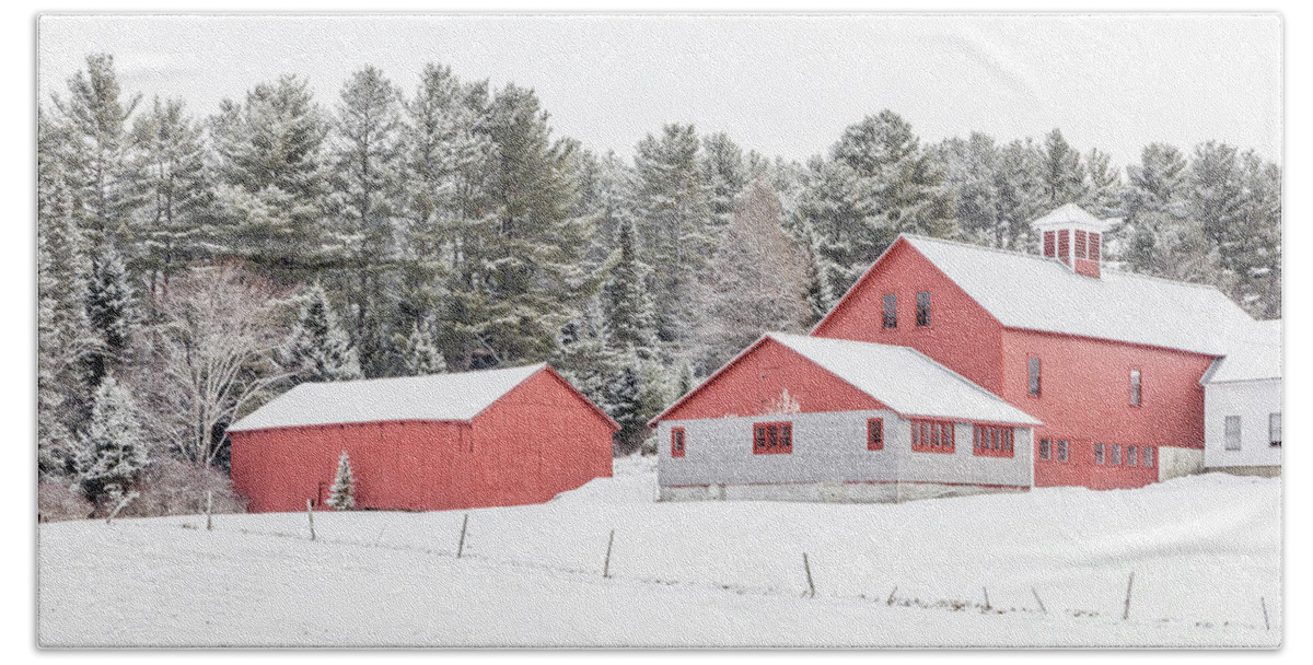 New Hamphire Bath Towel featuring the photograph New England Farm with Red Barns in winter by Edward Fielding