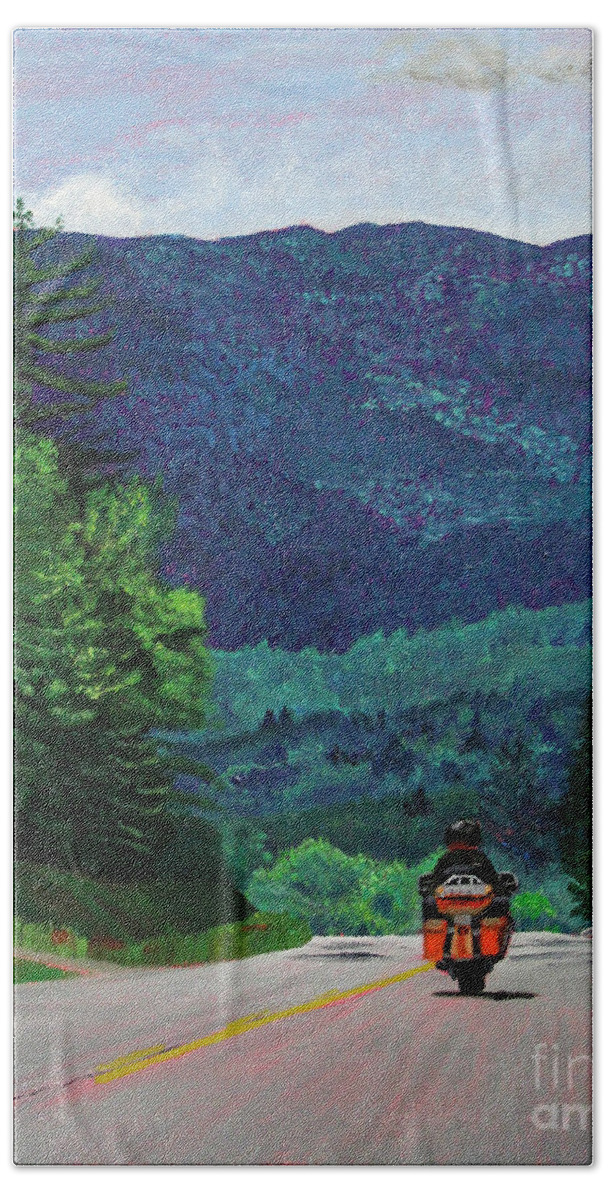 New England Bath Towel featuring the painting New England Journeys - Motorcycle 2 by Marina McLain