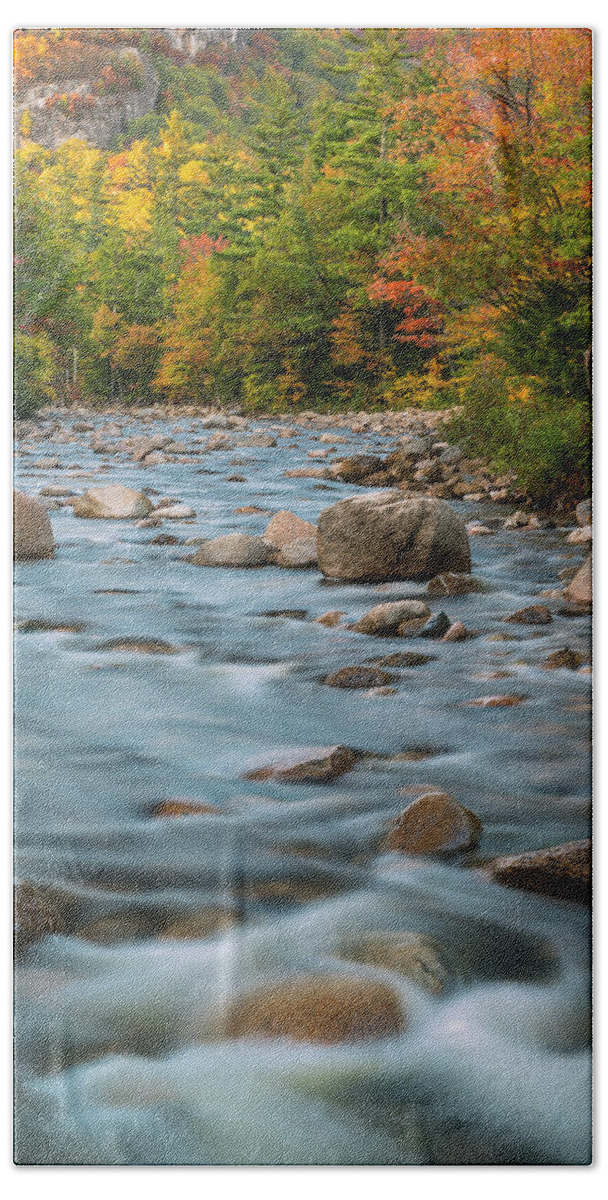 Fall Foliage Hand Towel featuring the photograph New Hampshire White Mountains River in Autumn with Fall Foliage by Ranjay Mitra