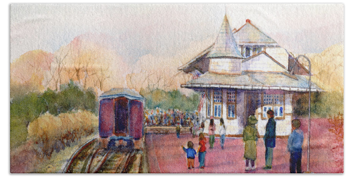 New Hope Station Hand Towel featuring the painting New Hope Station by Pamela Parsons