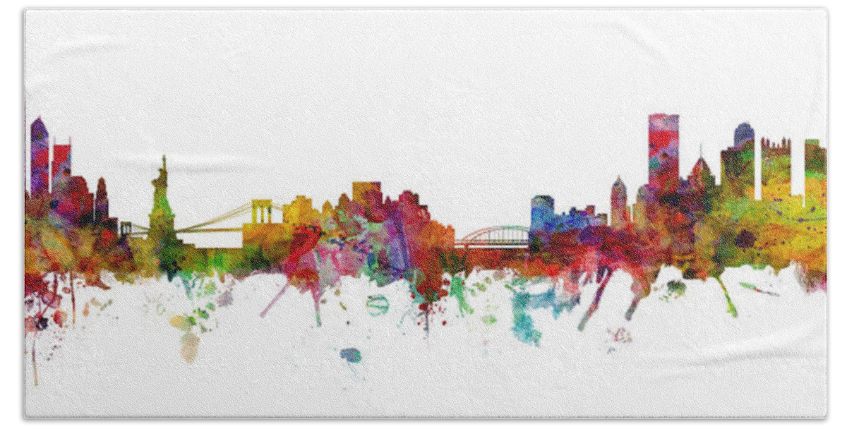 Pittsburgh New York Mashup Hand Towel featuring the digital art New York and Pittsburgh Skyline Mashup by Michael Tompsett