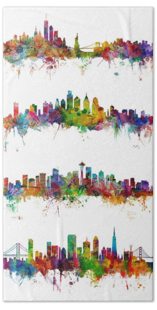 New York Skyline Hand Towel featuring the digital art New York, Philadelphia, Seattle and San Francisco Skylines by Michael Tompsett