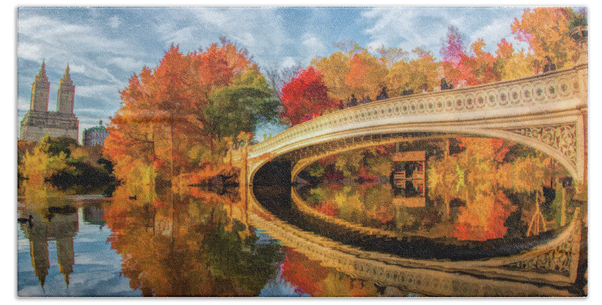 New York Bath Towel featuring the painting New York City Central Park Bow Bridge by Christopher Arndt