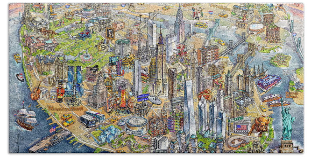 Manhattan Bath Towel featuring the painting New York City Illustrated Map by Maria Rabinky