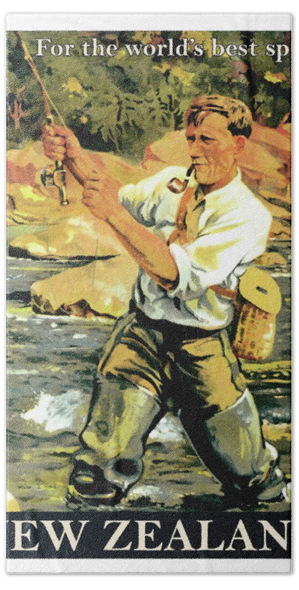 New Zealand Hand Towel featuring the painting New Zealand, fishing, sport by Long Shot