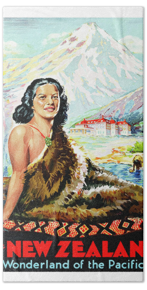 New Zealand Hand Towel featuring the painting New Zealand, native woman in fur by Long Shot