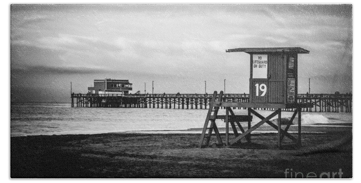 America Bath Towel featuring the photograph Newport Pier and Lifeguard Tower in Black and White by Paul Velgos
