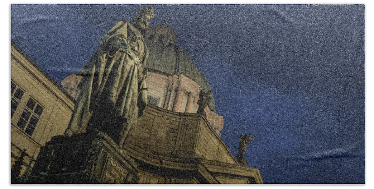 Prague Hand Towel featuring the photograph Night at the foot of St. Charles Bridge by Matthew Wolf