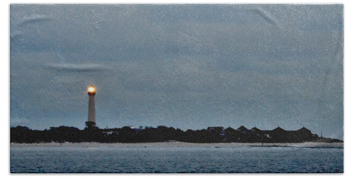 Lighthouse Bath Towel featuring the photograph Night Beacon - Cape May Lighthouse by Kim Bemis