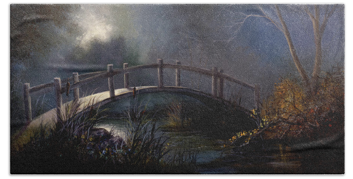 Lynne Pittard Bath Towel featuring the painting Moonlit Bridge by Lynne Pittard