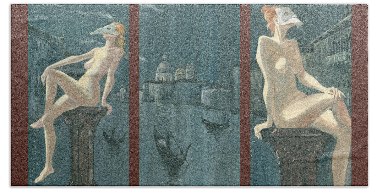 Painting Hand Towel featuring the painting Night in Venice. Triptych by Igor Sakurov