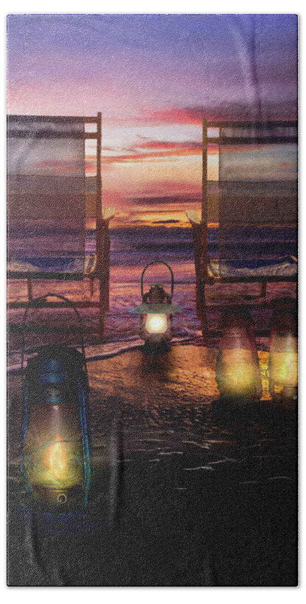 Clouds Bath Towel featuring the photograph Night Lights at Sunset by Debra and Dave Vanderlaan