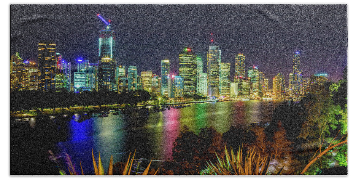 Night Lights Hand Towel featuring the photograph Night Lights Brisbane by Keith Hawley