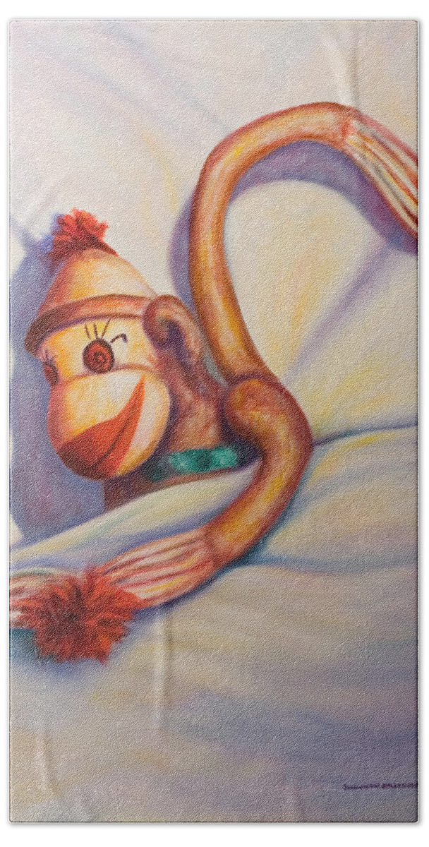 Children Hand Towel featuring the painting Night Night Sock Monkey by Shannon Grissom