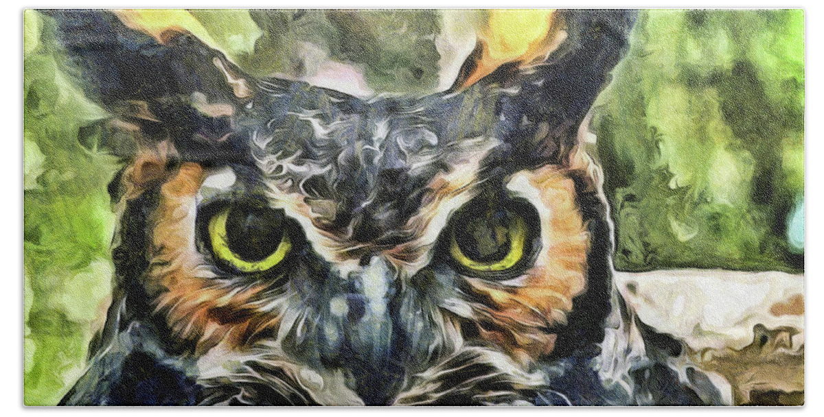 Owl Bath Towel featuring the mixed media Night Owl by Trish Tritz