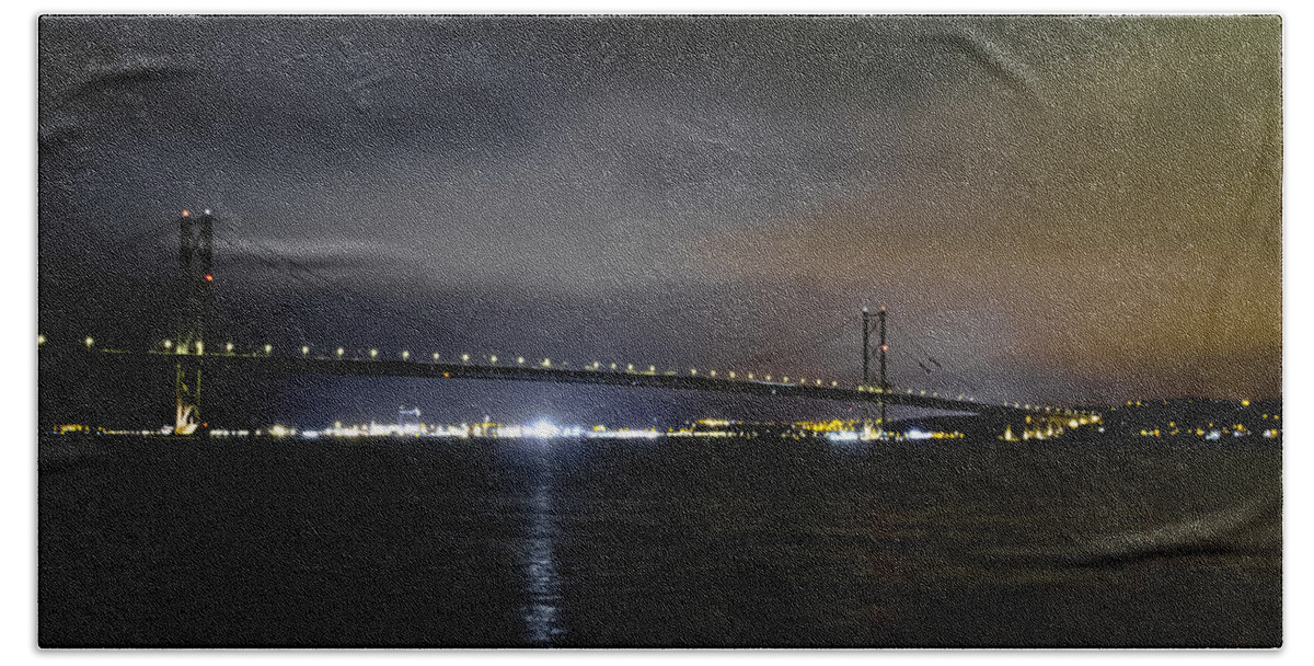 Night Hand Towel featuring the photograph Night sky over the Forth road bridge. by Elena Perelman
