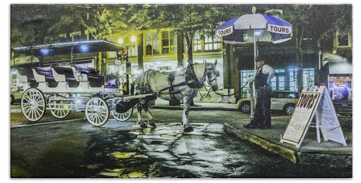Wilmington's Riverfront Was Named The best American Riverfront By Usa Today.it Is Minutes Away From Nearby Beaches. Tours Hand Towel featuring the photograph Night tours by horse drawn carriage. by WAZgriffin Digital