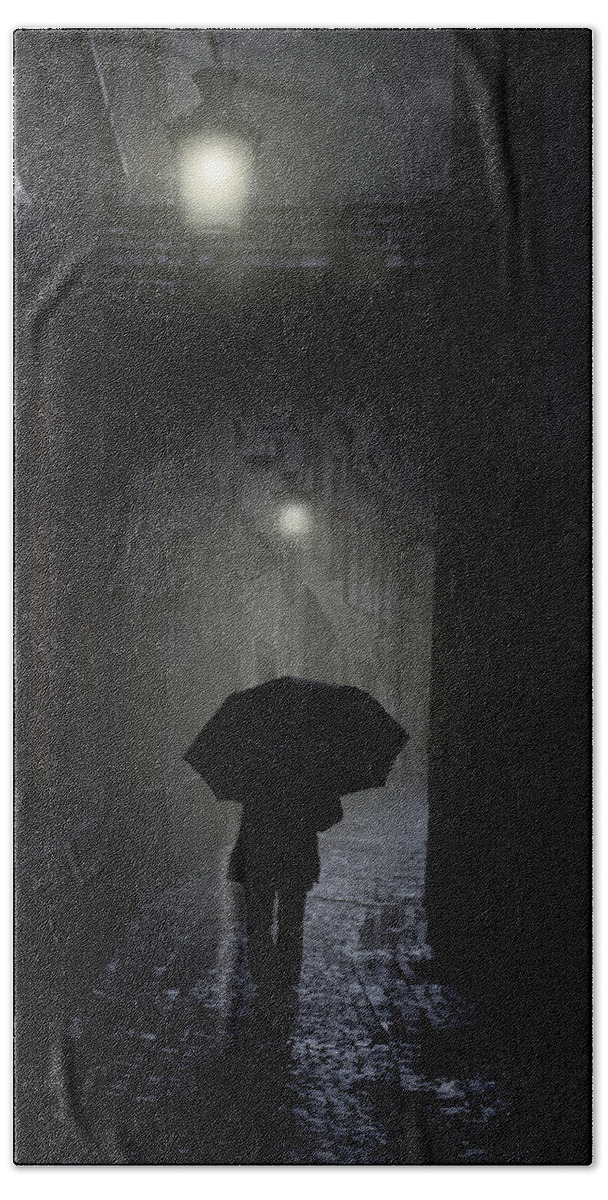 Street Hand Towel featuring the photograph Night walk in the rain by Jaroslaw Blaminsky