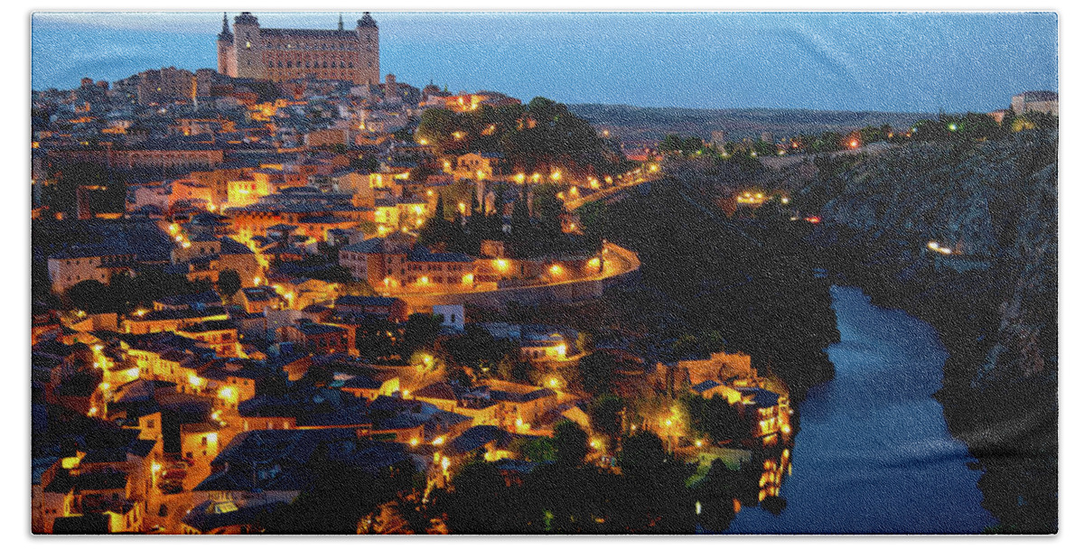 Spain Hand Towel featuring the photograph Nightfall over Toledo by Harry Spitz