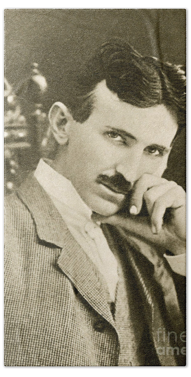 Science Hand Towel featuring the photograph Nikola Tesla, Serbian-american Inventor by Photo Researchers