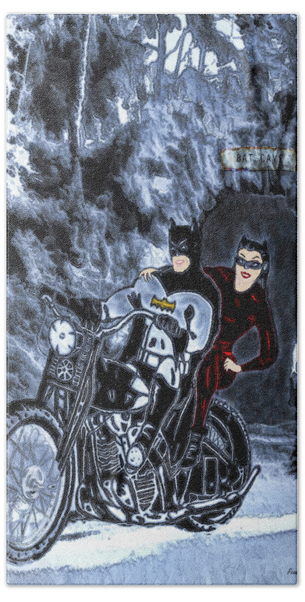 Batman Bath Towel featuring the drawing No Catwoman, This Is Not A Date by Pennie McCracken