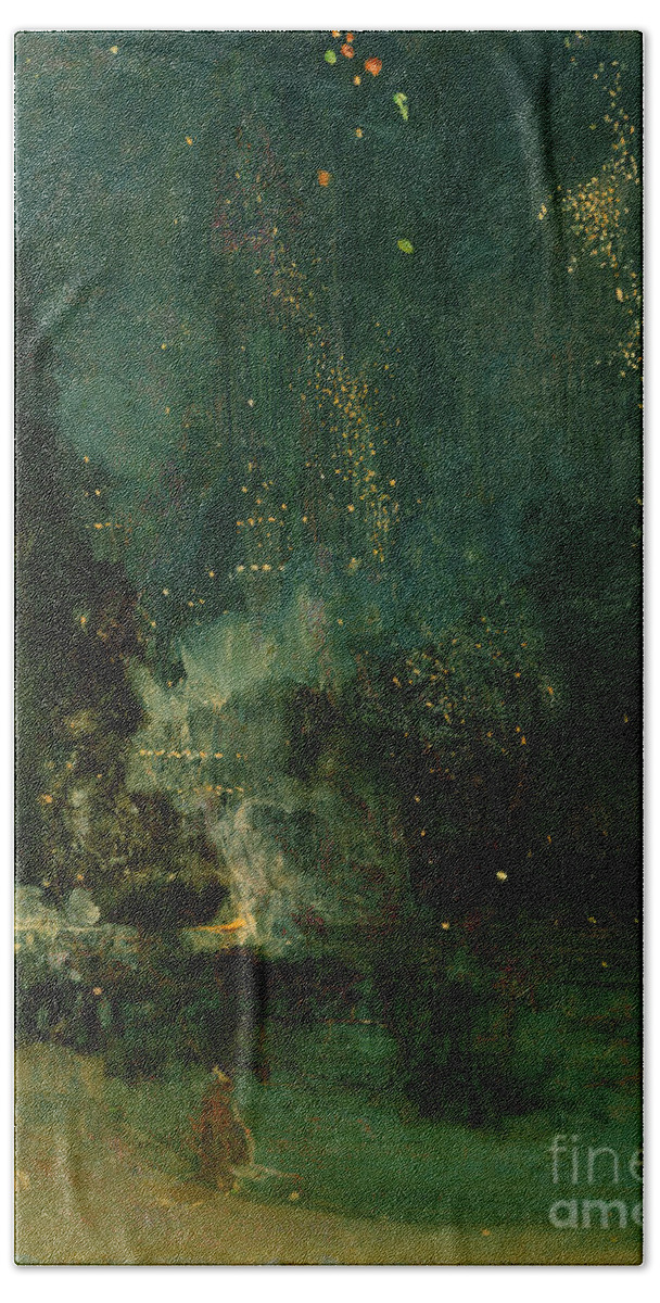 Nocturne Hand Towel featuring the painting Nocturne in Black and Gold - the Falling Rocket by James Abbott McNeill Whistler