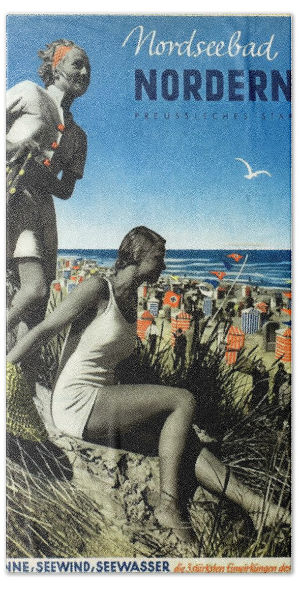 Norderney Hand Towel featuring the mixed media Norderney Vintage Collage Poster - Girls on a beach by Studio Grafiikka