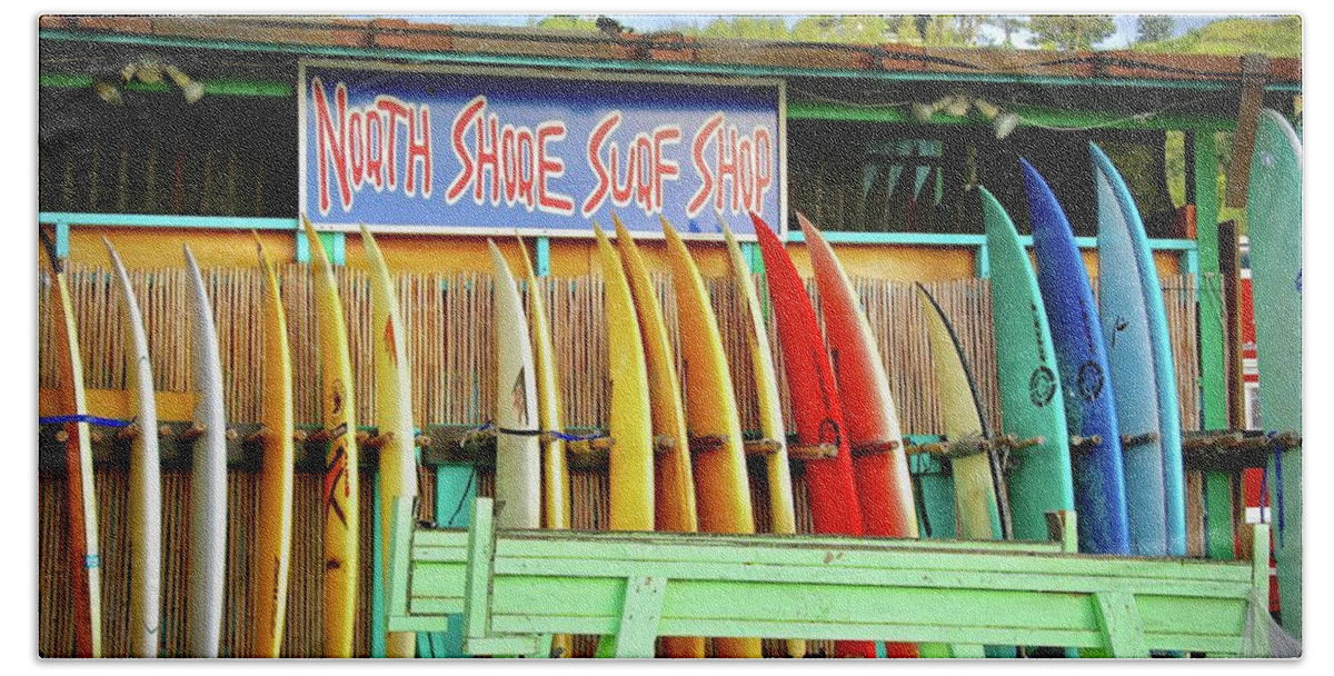 North Shore Hand Towel featuring the photograph North Shore Surf Shop 1 by Jim Albritton