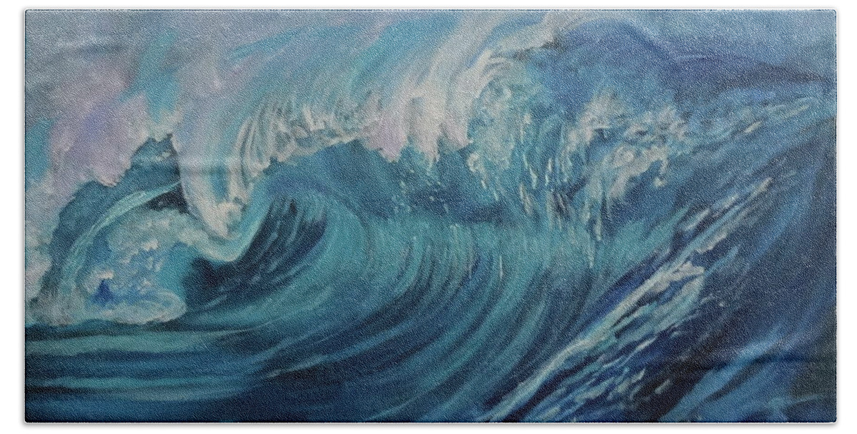 Original Seascape Bath Towel featuring the painting North Shore Wave Oahu by Jenny Lee