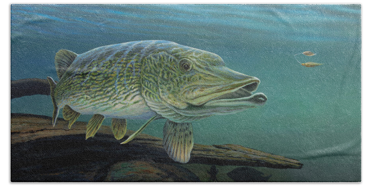 Northern Bath Towel featuring the painting Northern Pike by Anthony J Padgett