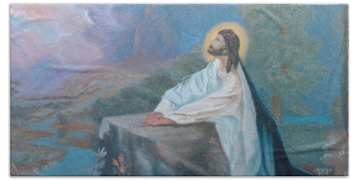 Jesus Bath Towel featuring the painting Not My Will, But Thy Will by Mike Jenkins